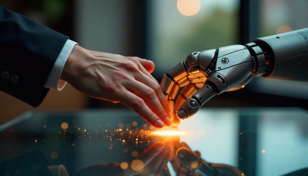 Aperto de mão entre uma mão humana e uma robótica, simbolizando a importância do E-E-A-T (Experiência, Expertise, Autoridade e Confiança) na era da SGE.
