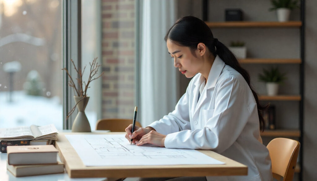 Arquiteta projetando uma estrutura com os três pilares do LMO: Precisão Factual, Relevância Contextual e Estrutura da Informação.
