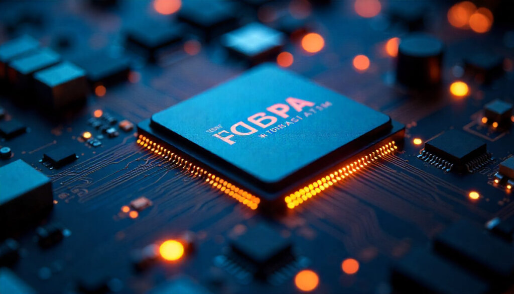 Close-up de um processador com circuitos feitos de código Schema Markup, ilustrando como os dados estruturados alimentam a IA da SGE.

