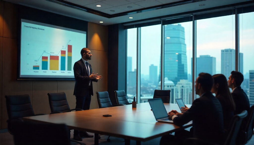 Reunião de negócios analisando o ROI de uma estratégia de Entity SEO, demonstrando a aplicação do E-E-A-T em um ambiente corporativo.