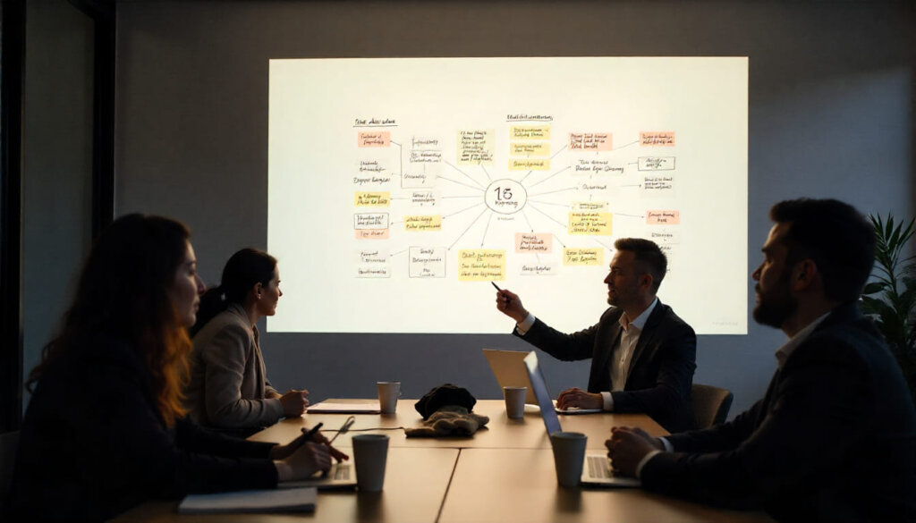Equipe de especialistas otimizando conteúdo em uma parede de vidro, representando a transição do SEO tradicional para o Language Model Optimization (LMO).
