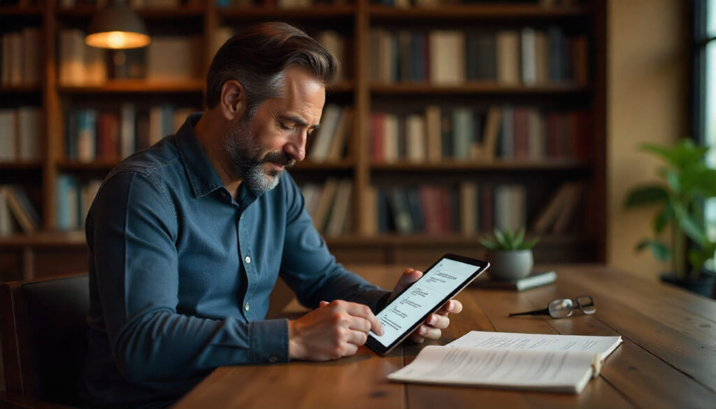 Especialista criando conteúdo estruturado em um tablet, otimizado para extração por IA, como parte de uma estratégia de SGE SEO.
