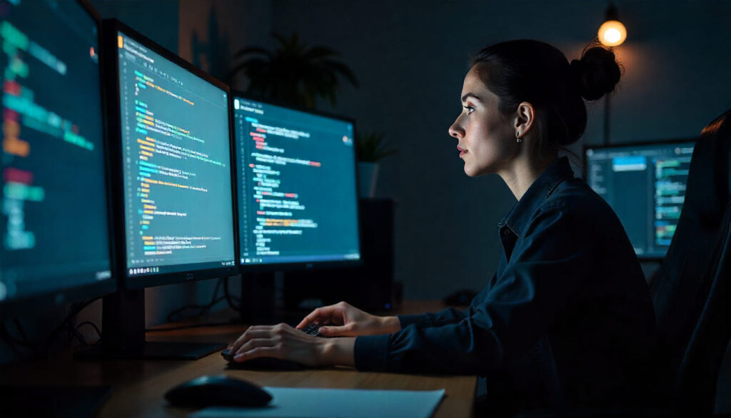 Profissional de SEO analisando o processo de Retrieval-Augmented Generation (RAG) em múltiplos monitores, ilustrando a arquitetura da SGE.
