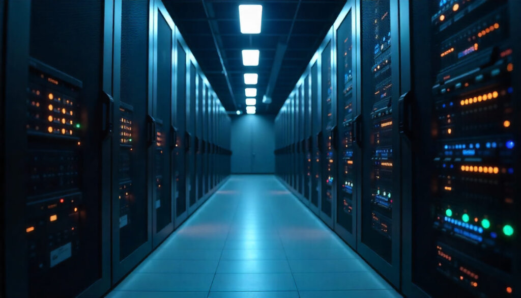 Servidores de um data center com cabos de fibra óptica organizados, simbolizando as fundações técnicas impecáveis necessárias para o SGE SEO.
