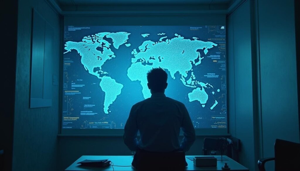 Um guia visual para agências de SEO: profissional analisa dados de busca e gráficos de crescimento em tela de projeção futurista
