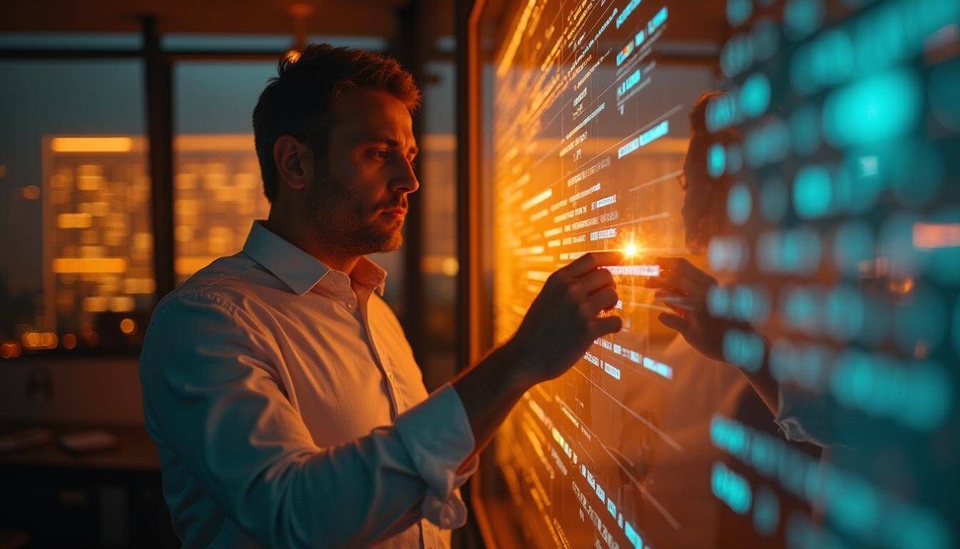 Estrategista de marketing interagindo com uma interface de dados de inteligência artificial, representando o conceito de AIO SEO e a otimização para a busca generativa.