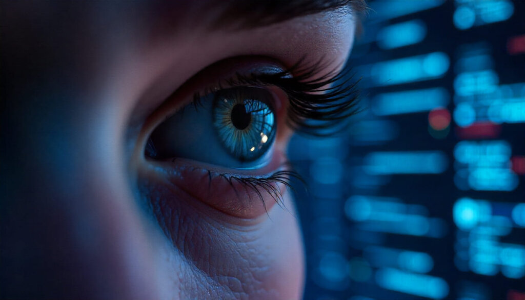 Close-up artístico de um olho refletindo dados de tela, simbolizando a análise profunda da intenção de busca do usuário. 