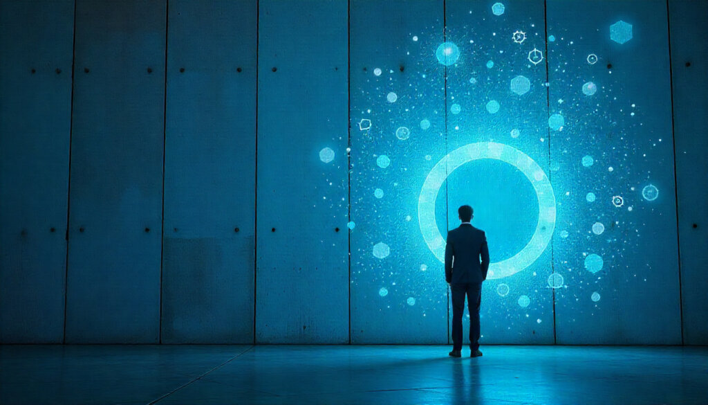 Um profissional de SEO atuando como "Arquiteto de Conhecimento", desenhando conexões em um blueprint de entidades em uma parede digital interativa.