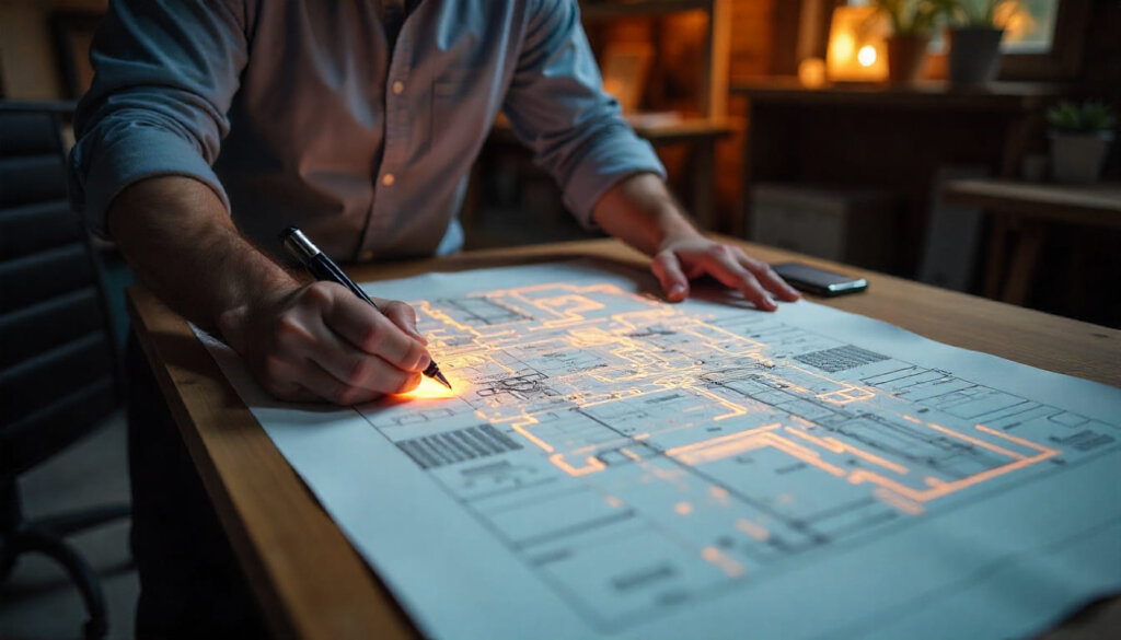 Arquiteto analisando planta baixa iluminada que remete a um sitemap, ilustrando o planejamento da arquitetura da informação para lojas virtuais.