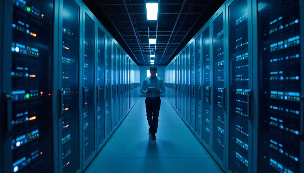 Corredor de data center de alta performance simbolizando a gestão de milhões de produtos e crawl budget.
