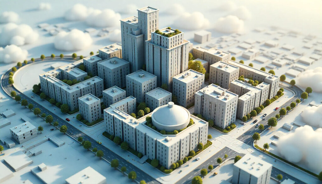 Maquete tridimensional conceitual de uma arquitetura de site plana e hierárquica (estrutura de silo), com caminhos curtos e diretos da página inicial.
