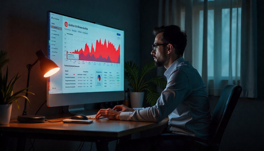 Analista de SEO realizando uma auditoria de backlinks, identificando links tóxicos em um dashboard.