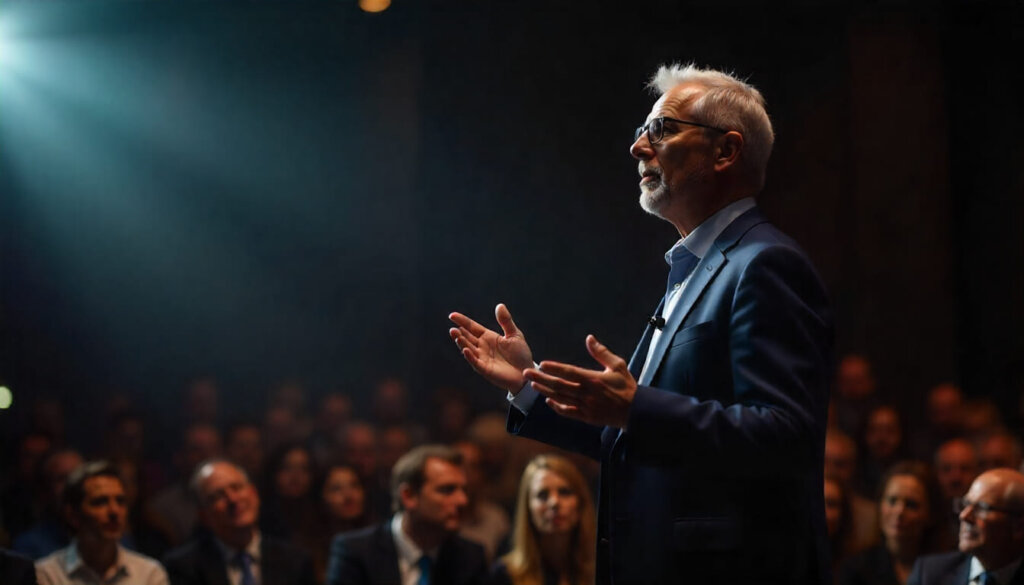 Consultor sênior apresentando em um auditório, transmitindo autoridade, experiência e confiança no mercado.