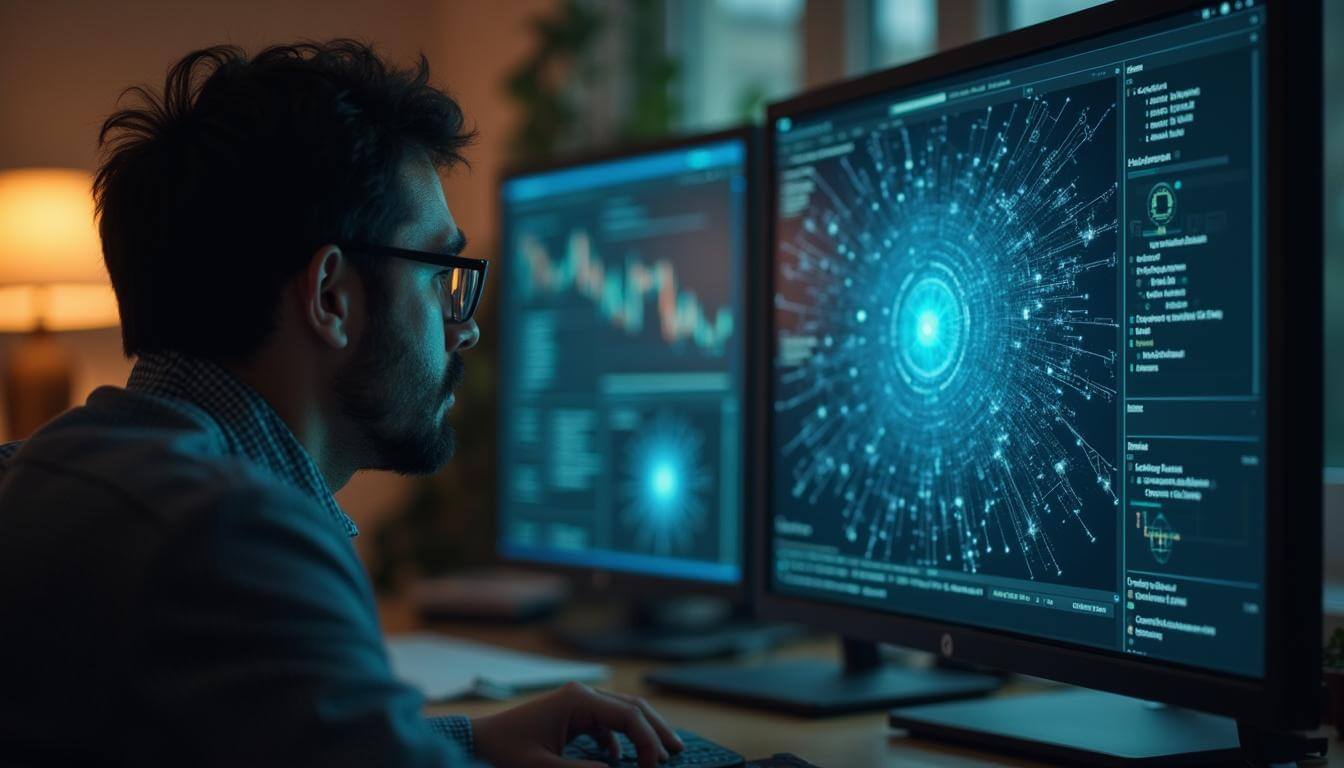 Guia técnico definitivo sobre backlinks para SEO em 2025, mostrando uma análise de rede complexa.