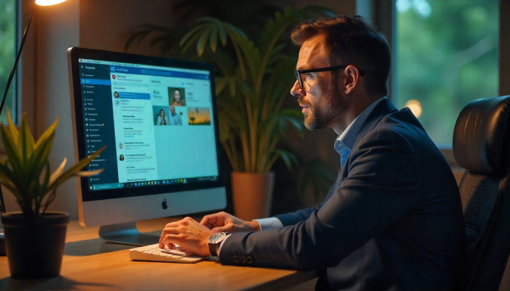 Um profissional de negócios usando uma interface de IA para uma consulta longa e conversacional, ilustrando a mudança no comportamento do usuário.