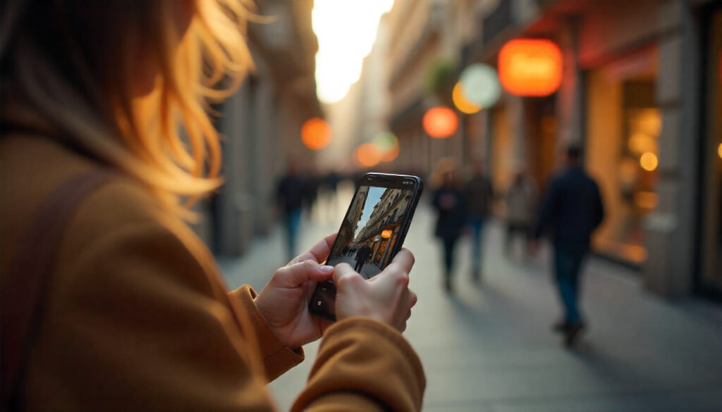 Usuário utilizando smartphone para realizar uma busca visual com Google Lens em ambiente urbano, destacando a importância do SEO de imagem.