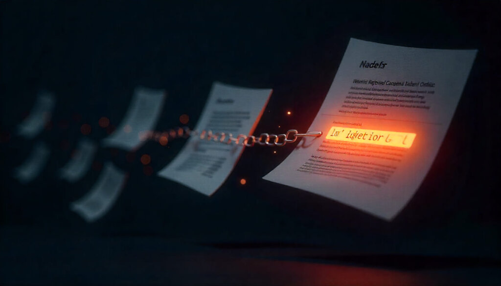 Documentos digitais idênticos sendo consolidados por um âncora digital em um único documento mestre, representando o uso de Canonical Tags para prevenir duplicação de conteúdo.