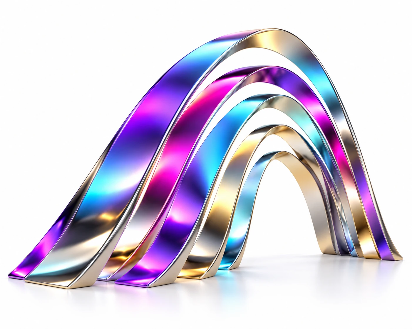 Escultura de faixas metálicas contínuas em arcos, com reflexos violeta, magenta e ciano.