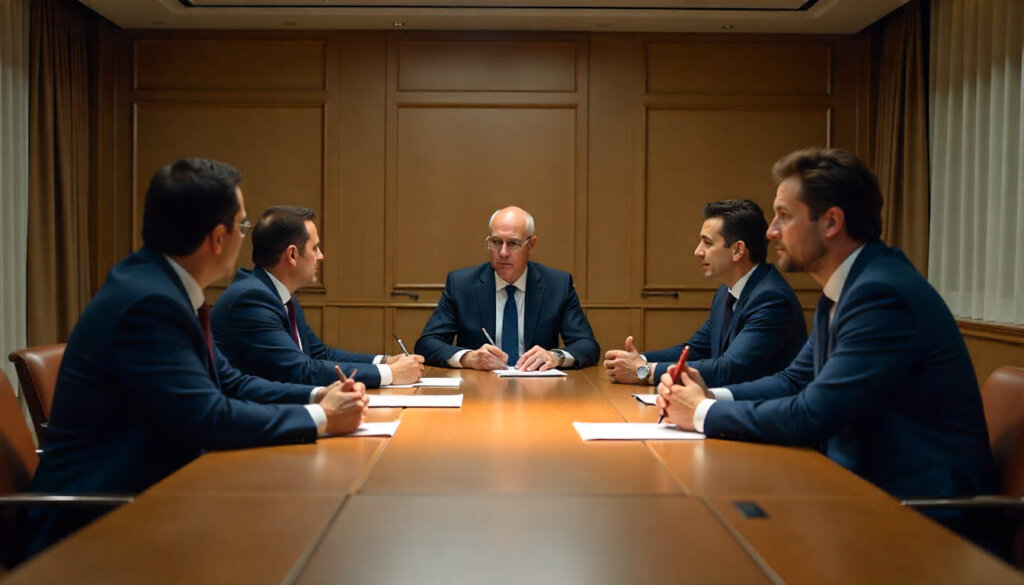 Comitê de compra B2B reunido em sala de conferência discutindo decisão de contratação de software corporativo.