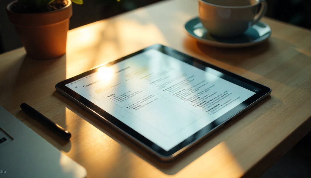 Um tablet exibindo um artigo com formatação otimizada (listas, tabelas) sendo escaneado por uma IA para fácil extração de dados.