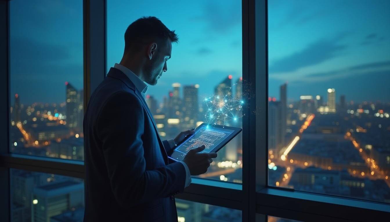 Executivo de marketing em escritório moderno analisando estratégia de conteúdo otimizado de SEO em tablet com conexões semânticas digitais.