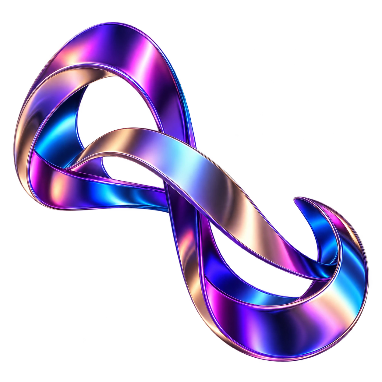 Escultura de fitas metálicas iridescentes conectadas, com reflexos violetas, rosas e azuis.
