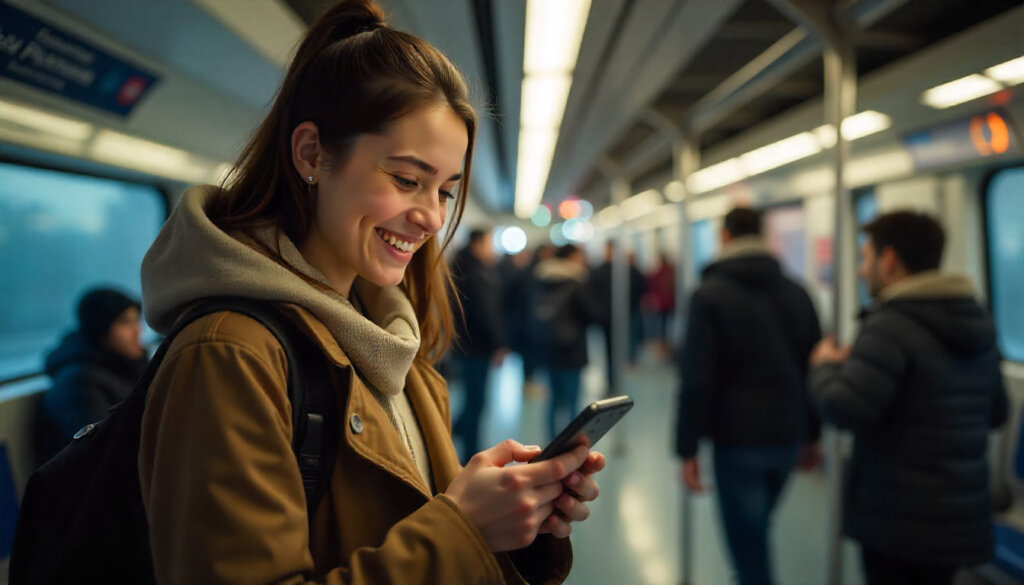 Usuário satisfeito navegando rapidamente em smartphone em ambiente movimentado, ilustrando boa experiência na página e Core Web Vitals.