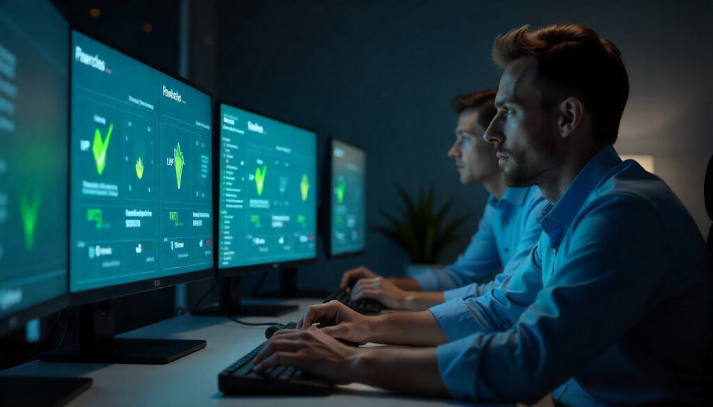 Equipe profissional monitorando métricas LCP, INP e CLS em telas de controle, representando a otimização de performance e Core Web Vitals.
