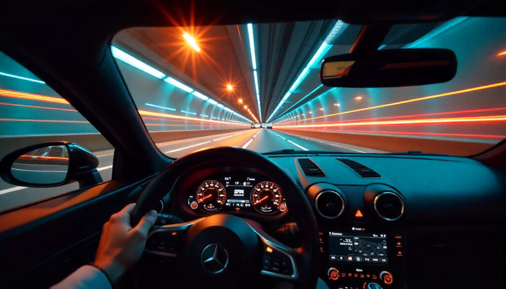 Visão interna de carro esportivo em alta velocidade em túnel de neon, ilustrando a importância da performance e velocidade de carregamento para o SEO.