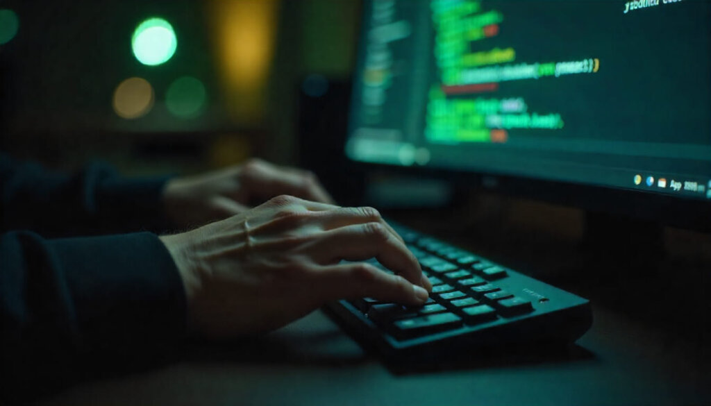 Desenvolvedor implementando código de dados estruturados JSON-LD para otimização de Schema Markup.