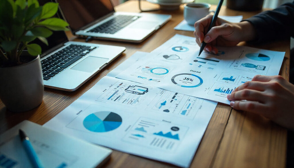 Espaço de trabalho organizado com códigos de dados estruturados e elementos geométricos, representando a organização semântica para Schema.org.