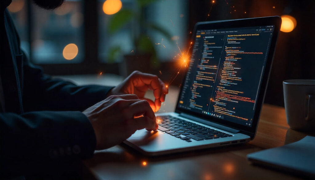 Agência de SEO como ponte: linhas de código conectam um website a algoritmos de busca complexos, ilustrando a otimização digital
