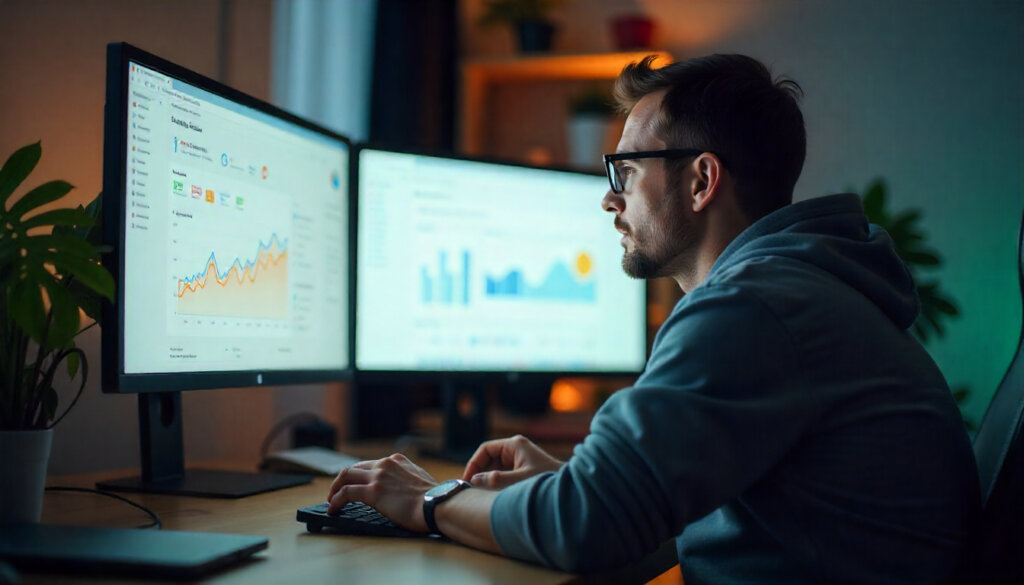 Fase de diagnóstico e setup de uma consultoria em SEO, com analista monitorando dados no Google Analytics e Search Console.