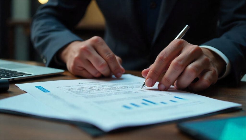 Detalhe de executivo analisando relatório de negócios, ilustrando a decisão racional e baseada em dados do mercado B2B.
