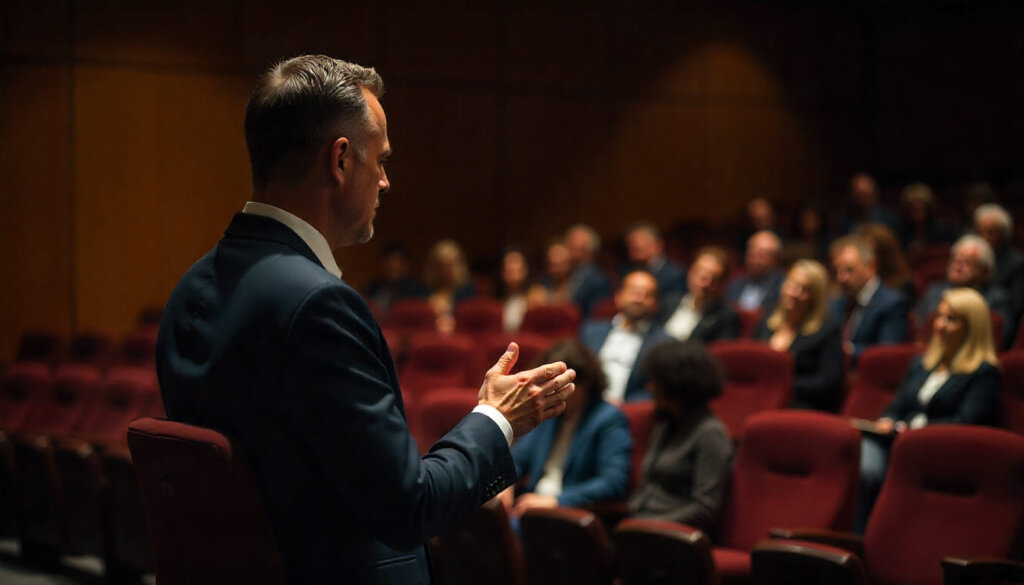 Especialista do setor apresentando em conferência, demonstrando autoridade, expertise e confiança (E-E-A-T).
