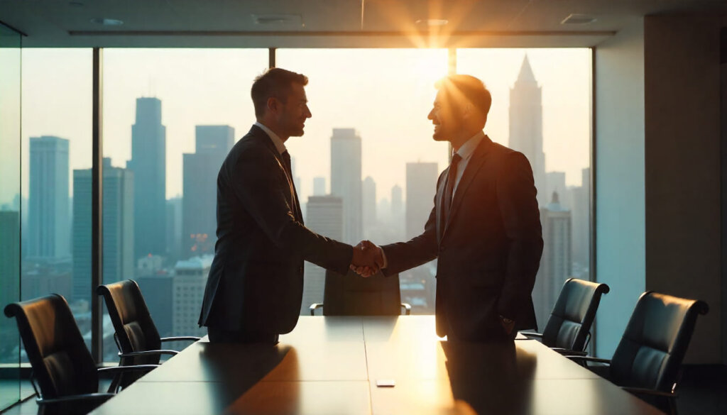 Aperto de mão profissional em sala de reunião corporativa, simbolizando confiança, autoridade e segurança nos negócios digitais.