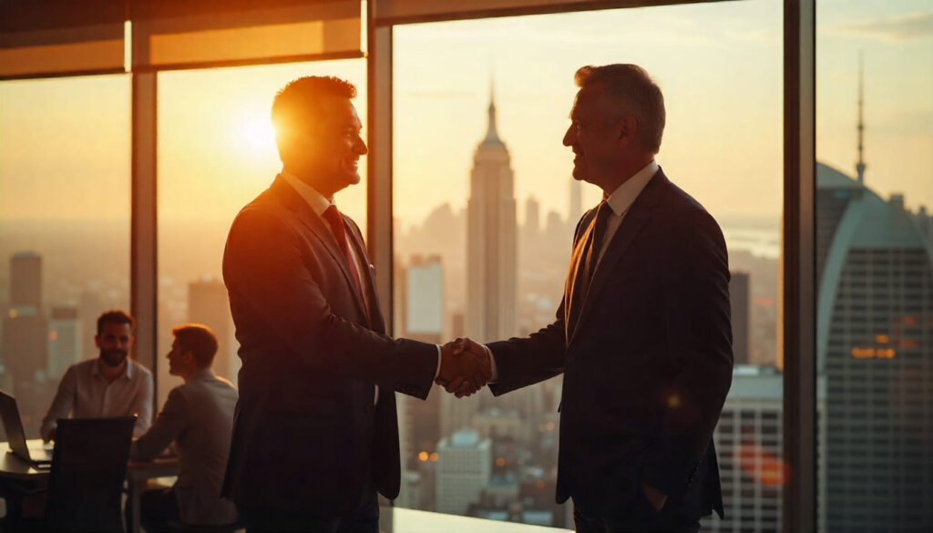 Aperto de mão entre profissionais em escritório corporativo, simbolizando a construção de autoridade, confiança e expertise (E-E-A-T).
