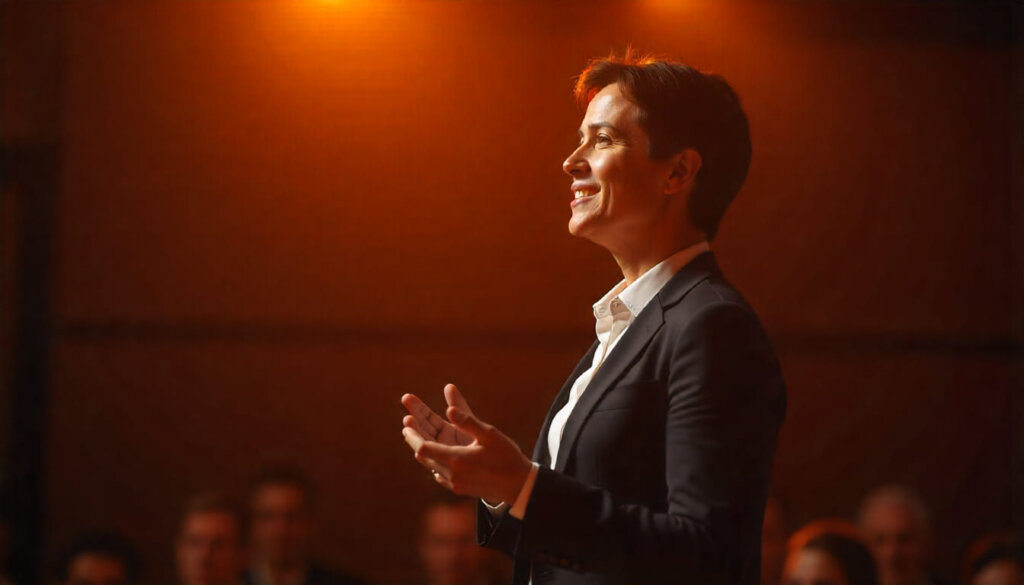 Profissional sênior demonstrando autoridade e expertise durante uma apresentação, representando os pilares do E-E-A-T no SEO.