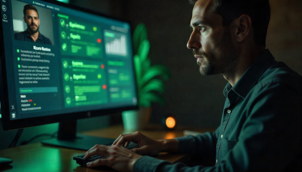 Perfil de autor em uma tela com selos de verificação de E-E-A-T sendo escaneados por uma IA, conceito de autoridade para LLMO SEO