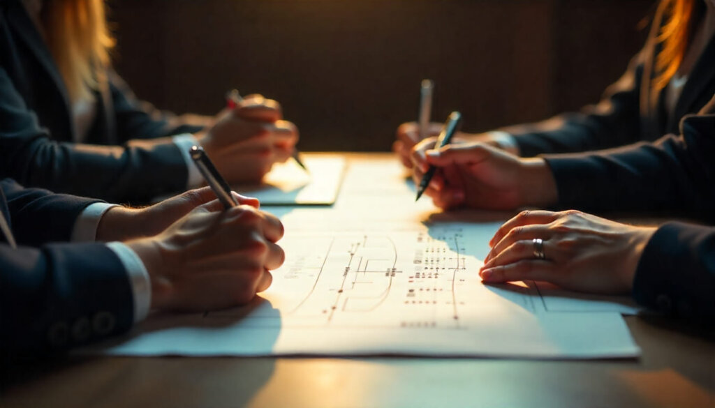  Foto de uma mesa de reunião estratégica onde executivos planejam o fluxo de dados para LLMO SEO, focando em tornar a marca a resposta da IA.
