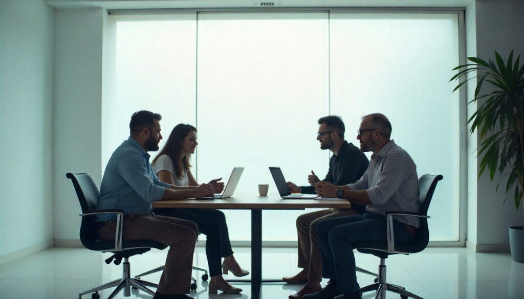 Equipe de especialistas em marketing discutindo estratégias de SEO e ROI em sala de reunião moderna.
