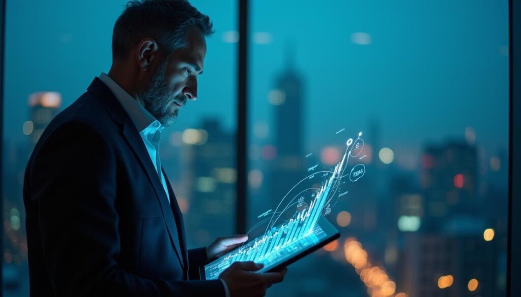 Diretor de estratégia analisando dados de crescimento de leads em um escritório corporativo moderno com vista para a cidade.