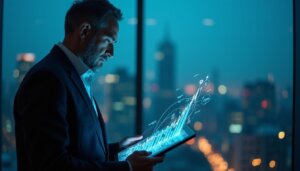 Diretor de estratégia analisando dados de crescimento de leads em um escritório corporativo moderno com vista para a cidade.