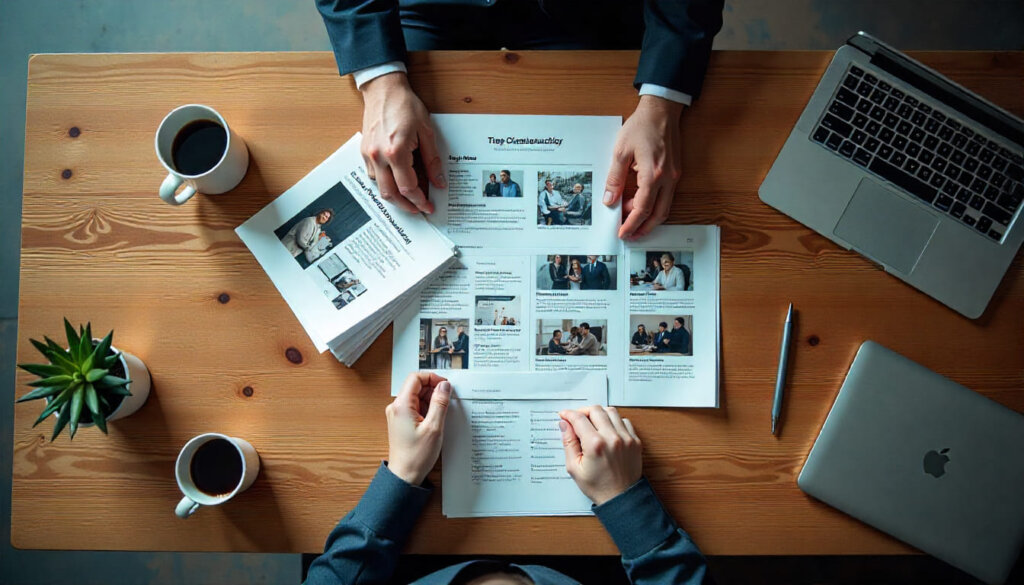 Estrategista organizando documentos em formato de clusters de tópicos sobre uma mesa de reunião, representando arquitetura da informação.