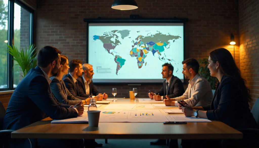 Profissionais de SEO sênior em uma reunião estratégica discutindo táticas avançadas de link building.