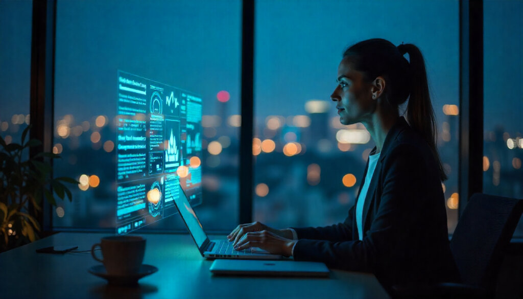 Uma profissional utilizando a busca por voz, exemplificando as estratégias avançadas de SEO para IA, como a otimização para buscas conversacionais.
