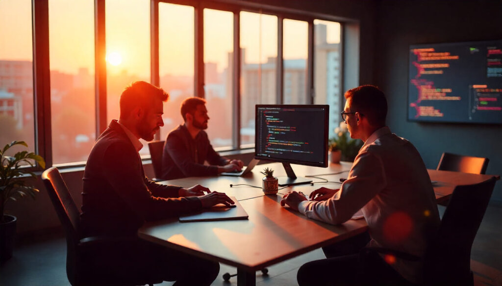  Impacto da estrutura: equipe de agência de SEO multidisciplinar trabalhando em conjunto em análise de dados e conteúdo
