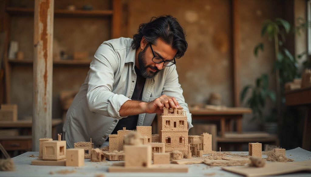 Foto de um arquiteto construindo uma maquete em forma de pirâmide invertida, simbolizando a estrutura de conteúdo ideal para LLMO SEO