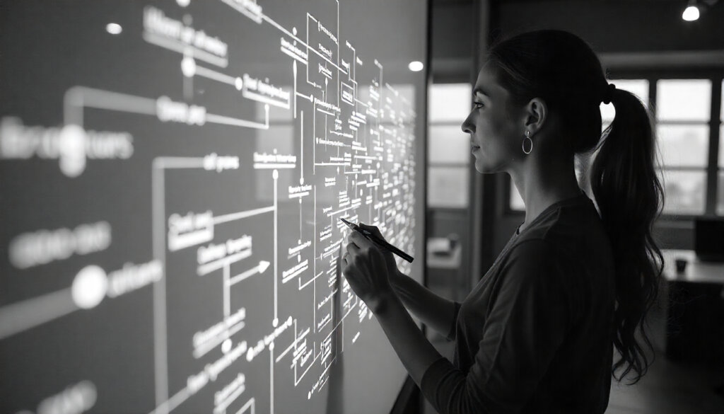 Arquiteta de informação planejando a estrutura de um site com topic clusters, representando os fundamentos técnicos do SEO para IA.
