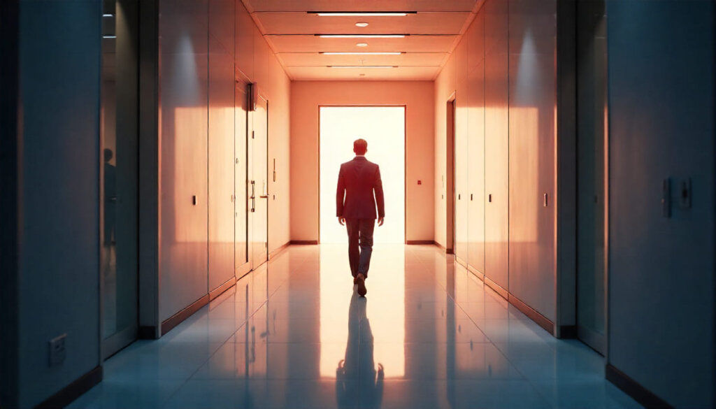 Homem de negócios caminhando por um corredor moderno iluminado, representando a jornada do cliente através do funil de vendas